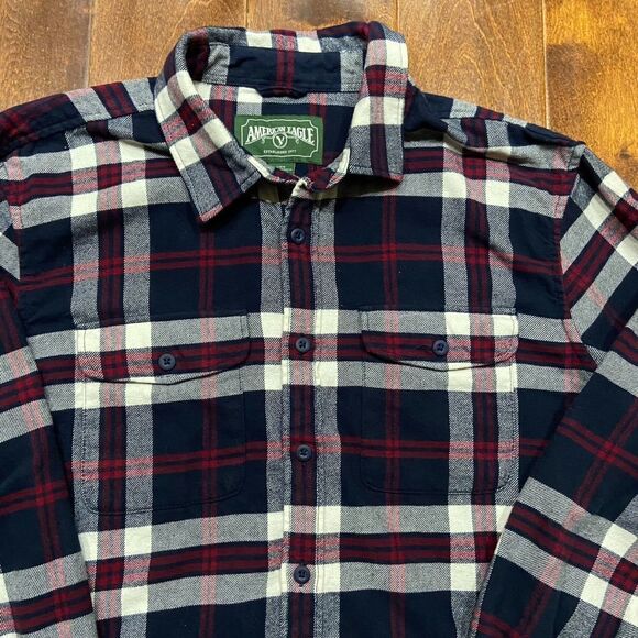 American Eagle Outfitters Vtg Flannel Button Front Plaid Navy Red Men's Large - Picture 2 of 8